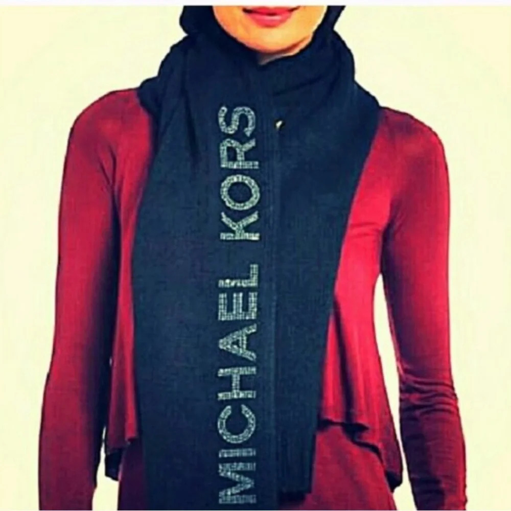 Michael Kors Studded Logo Scarf Black 536603 shimmery rhinstone Lurex studs